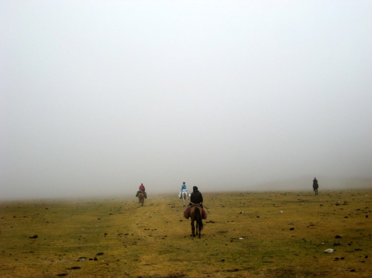 Horse riders into the fog kyrgyzstan