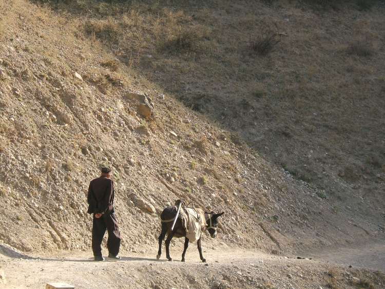 man and his donkey near waterfall in Arslanbob Kyrgyzstan_