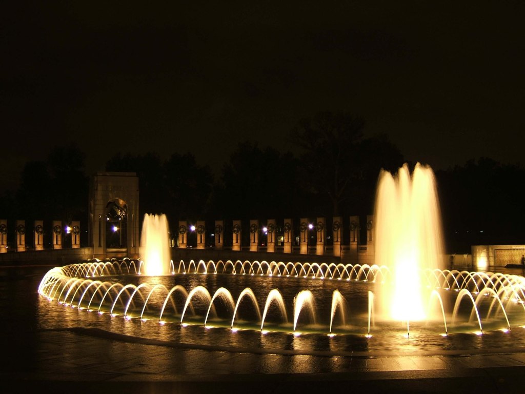 Night at the WWII memorial in Washington DC