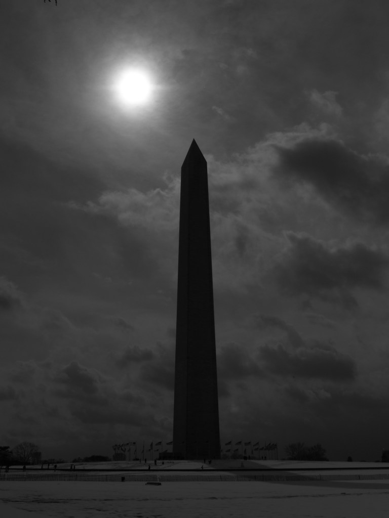 Washington Monument in black and white